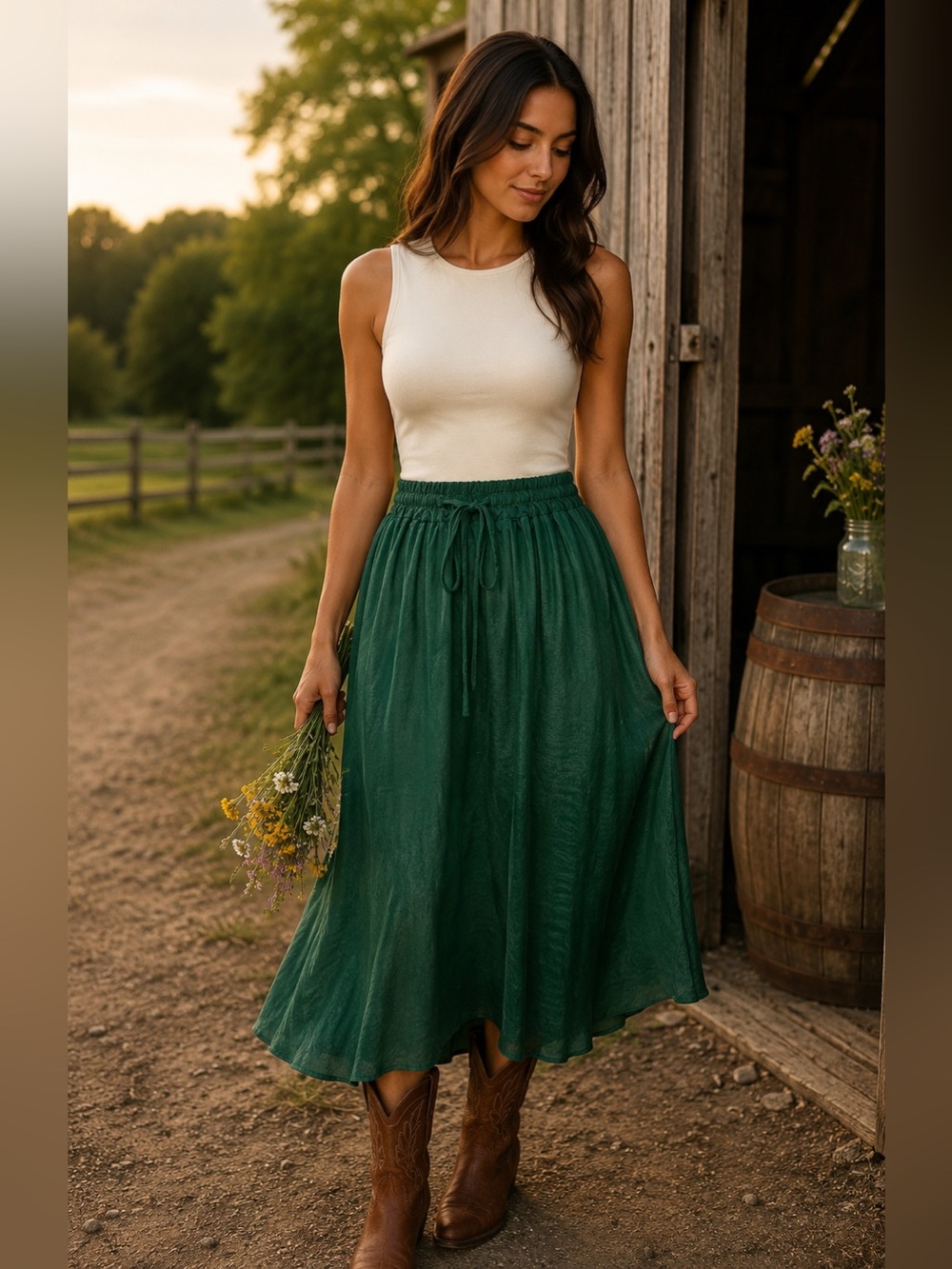 Forest Green Midi Skirt with Drawstring Waist